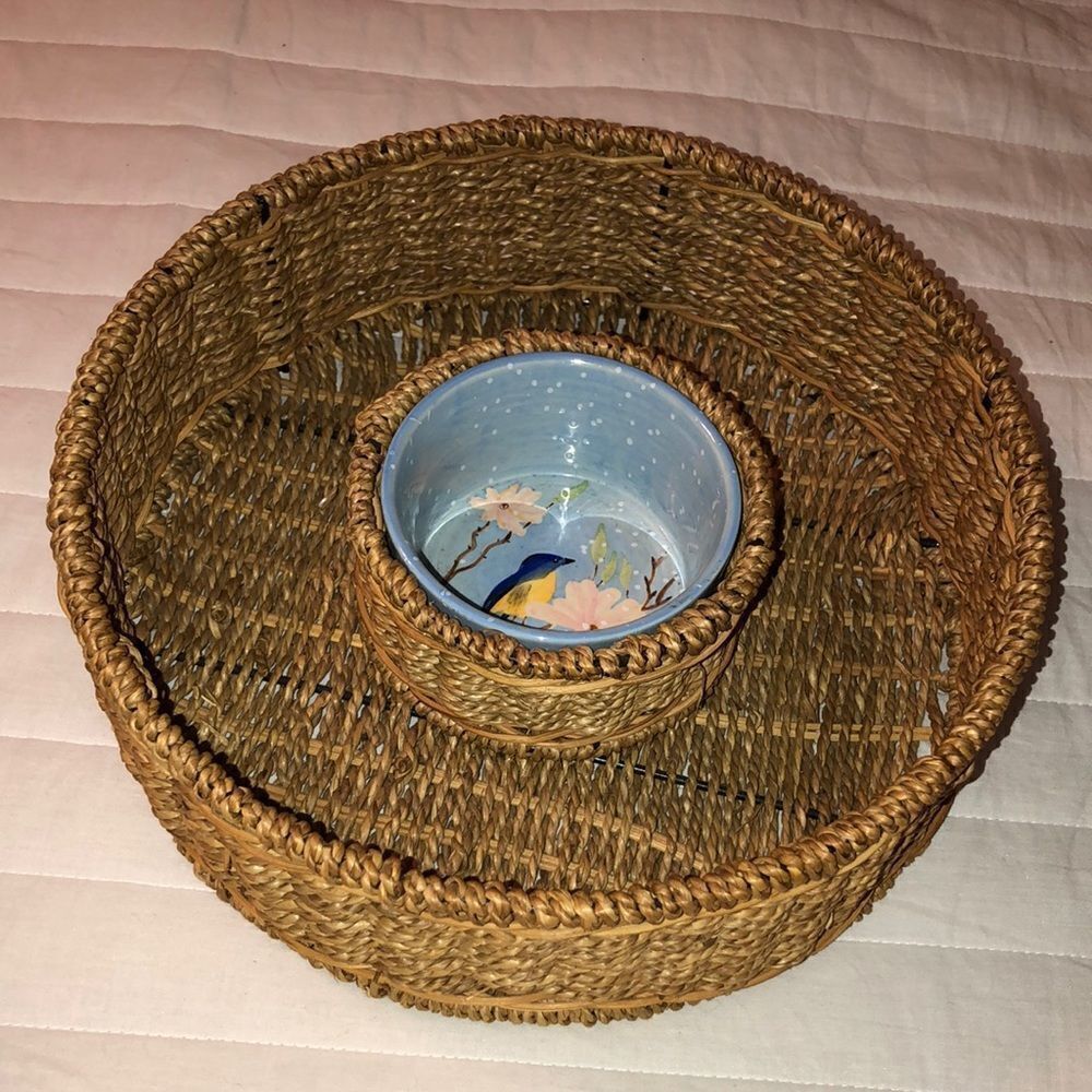 Wire Woven Straw Basket Serving Dish with a Dip Plate in the Middle